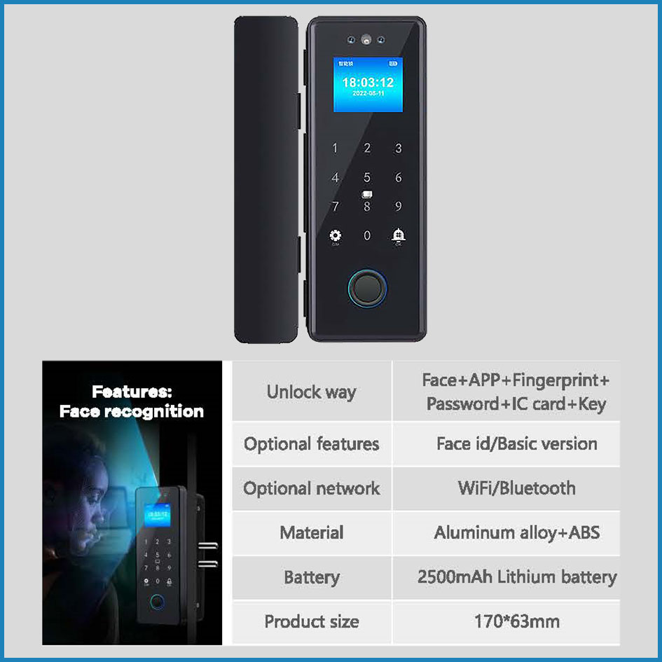 GFDC-W1 Khóa cửa kính nhận diện khuôn mặt Wifi Tuya  KNX Smart Home